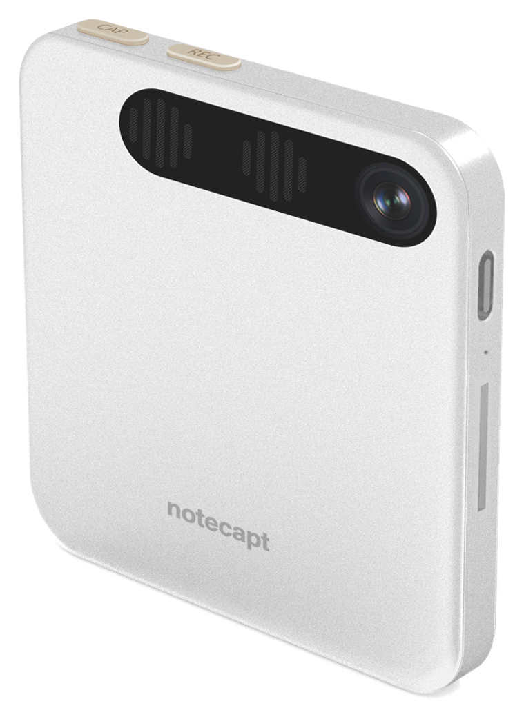 NoteCapt A2 Pro, top three-quarter view showing side controls