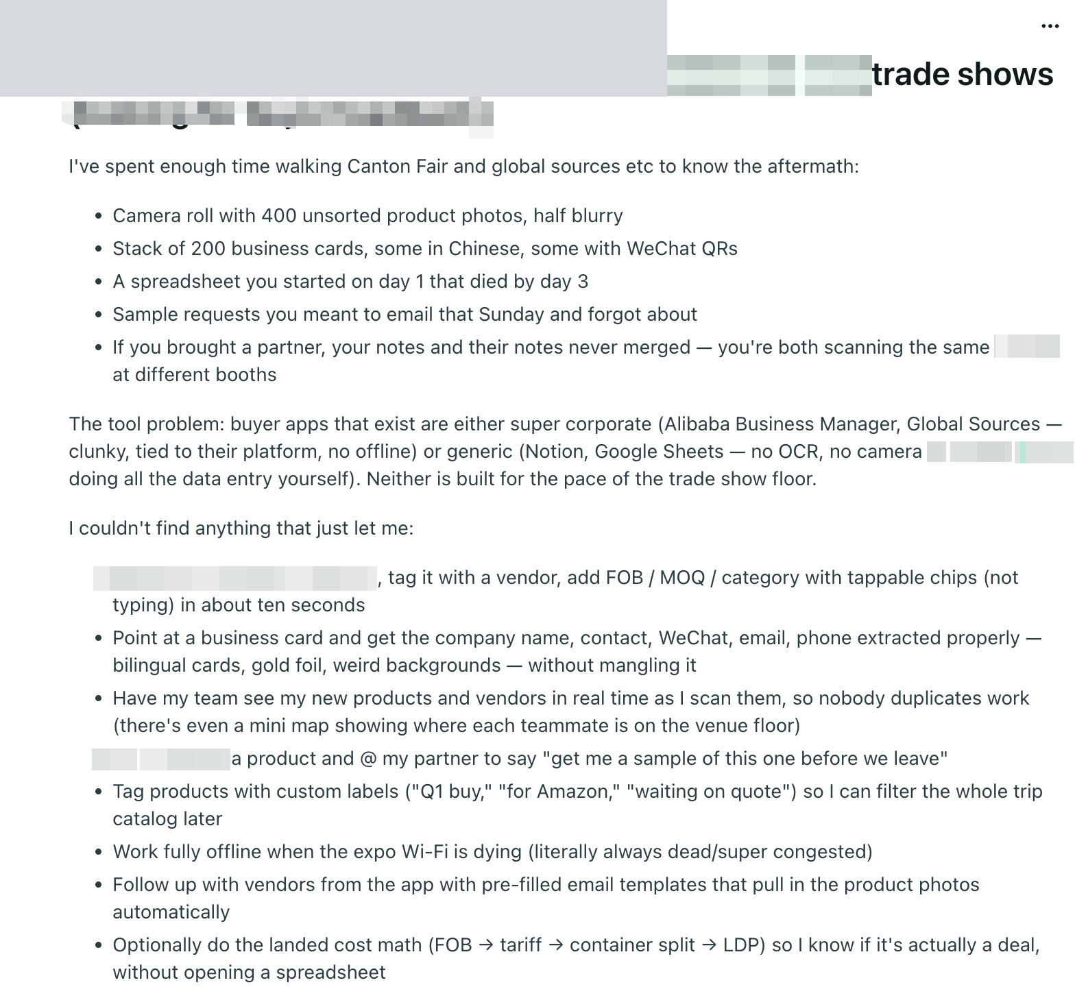 Redacted screenshot of the original post on r/Importing