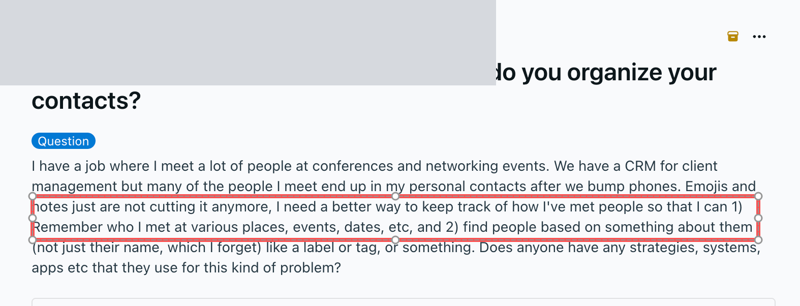 Redacted screenshot of the original post on r/productivity