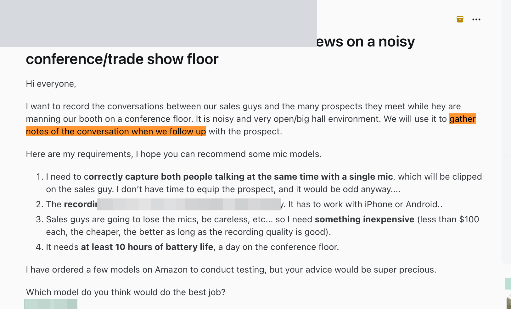 Redacted screenshot of the original post on r/audio