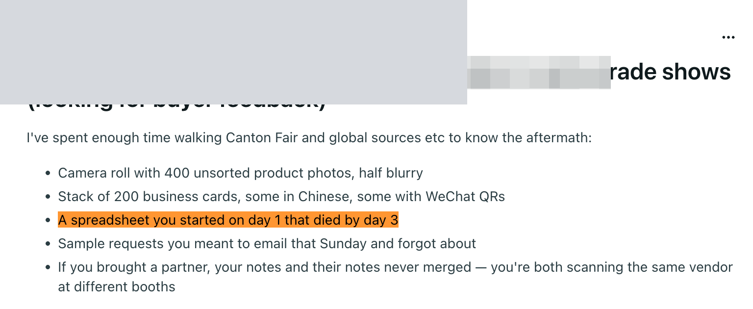 Redacted screenshot of the original post on r/Importing