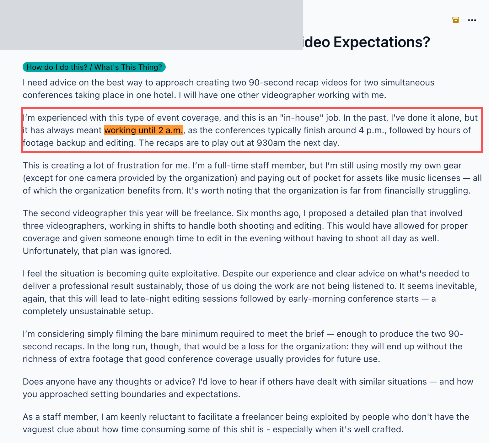 Redacted screenshot of the original post on r/videography