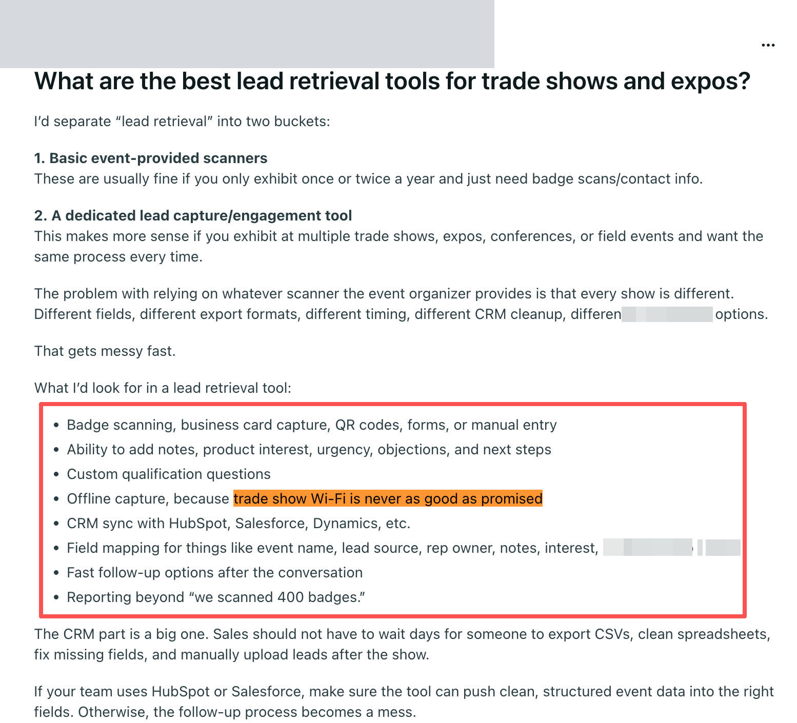 Redacted screenshot of the original post on r/tradeshows